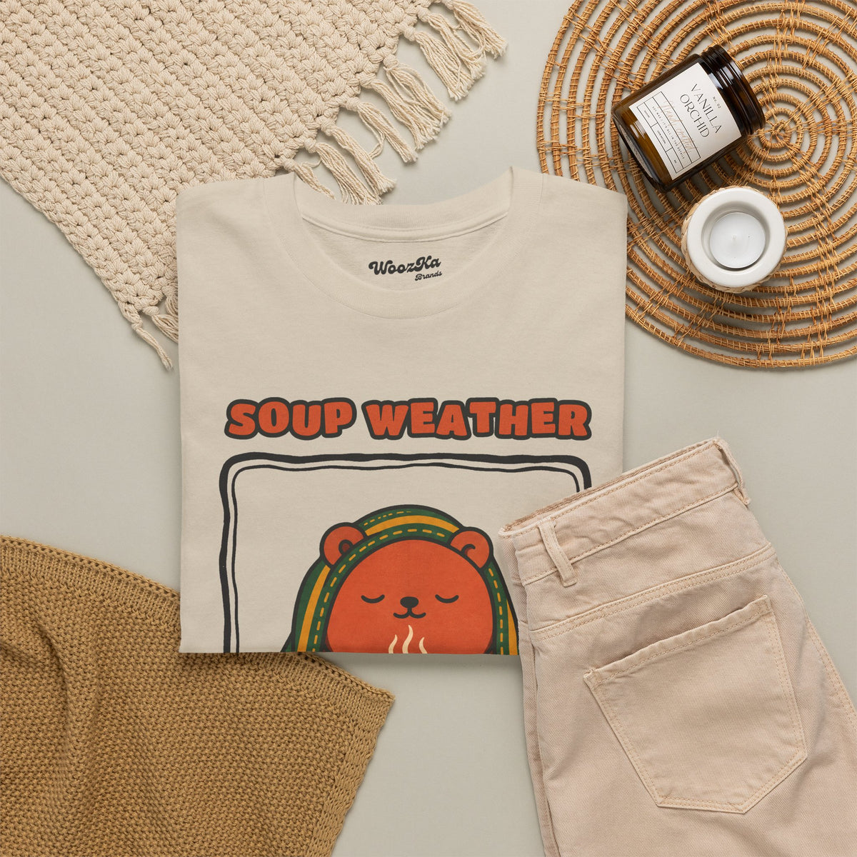 WoozKa Brands Soup Weather Bear Heavy Cotton T-Shirt, Front Graphic