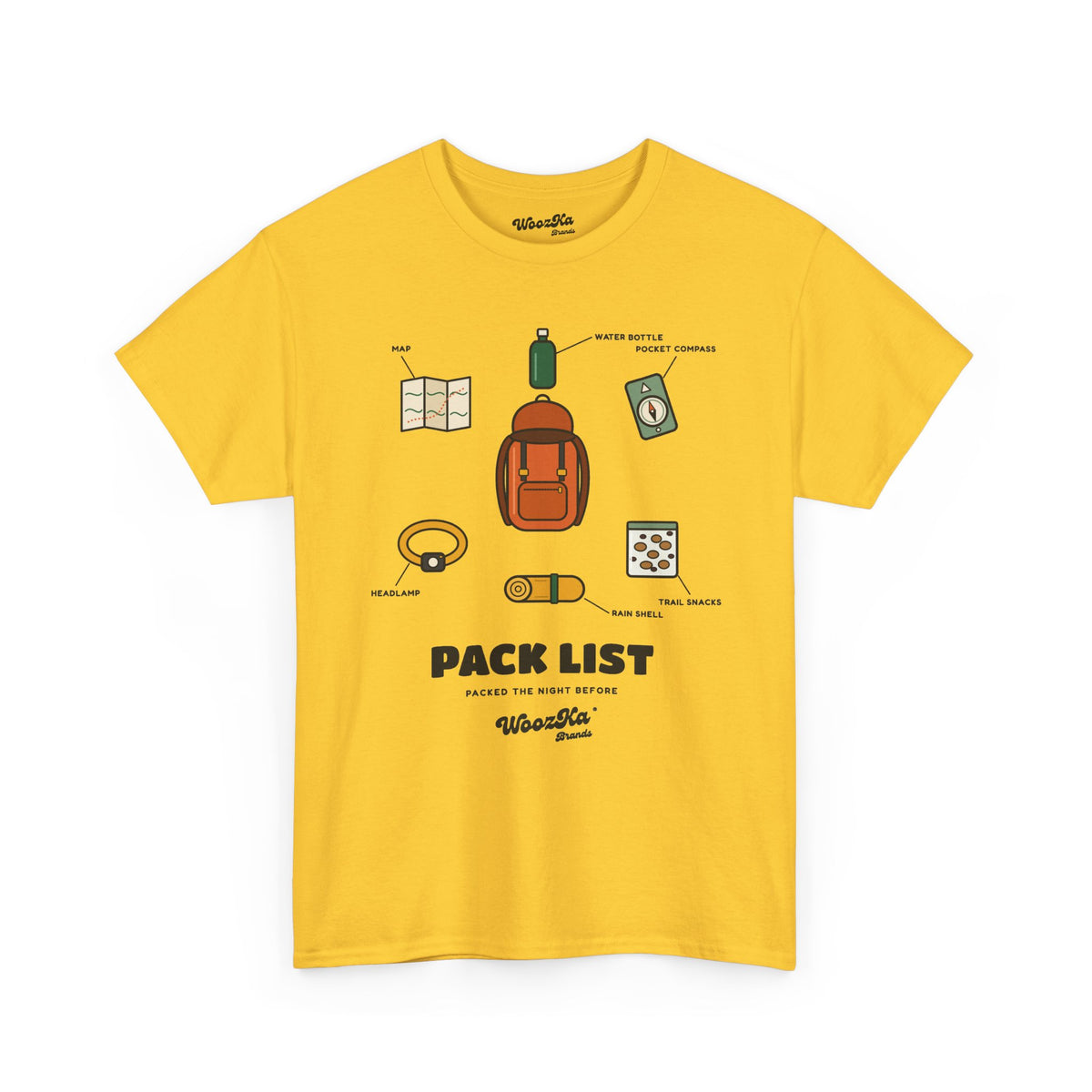 WoozKa Brands Hiking T-Shirt, Backpacking Gear List Front Print