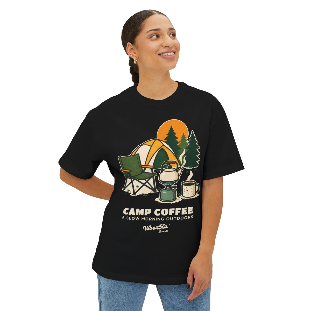 WoozKa Brands Camp Coffee Camping Oversized Boxy T-Shirt, Front Graphic