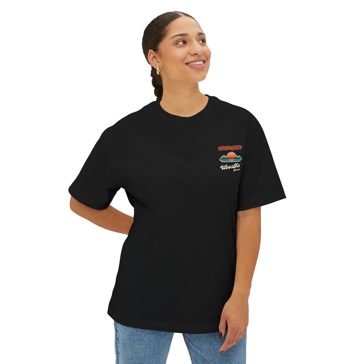 WoozKa Brands Retro Sunset Lake Oversized Tee, Nature Outdoors Back Print