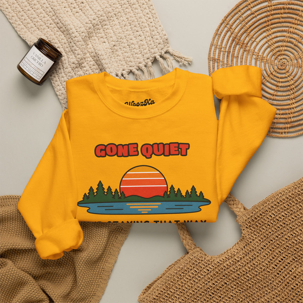 WoozKa Brands Retro Sunset Lake Sweatshirt, Nature Outdoors Front Print
