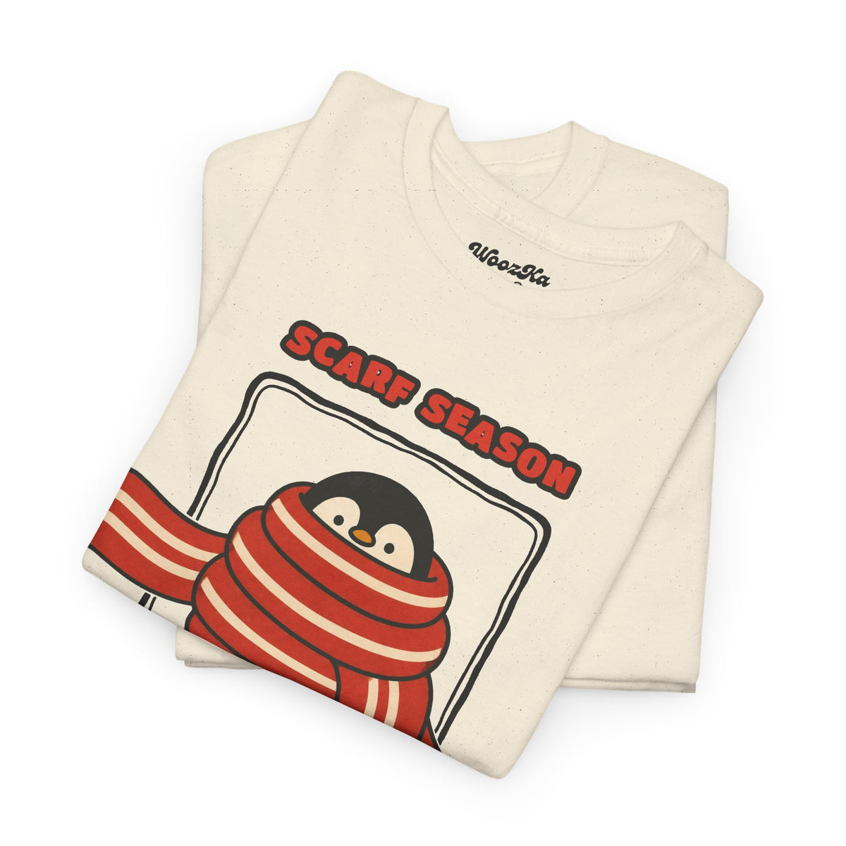 WoozKa Brands Scarf Season Penguin Heavy Cotton T-Shirt, Front Graphic