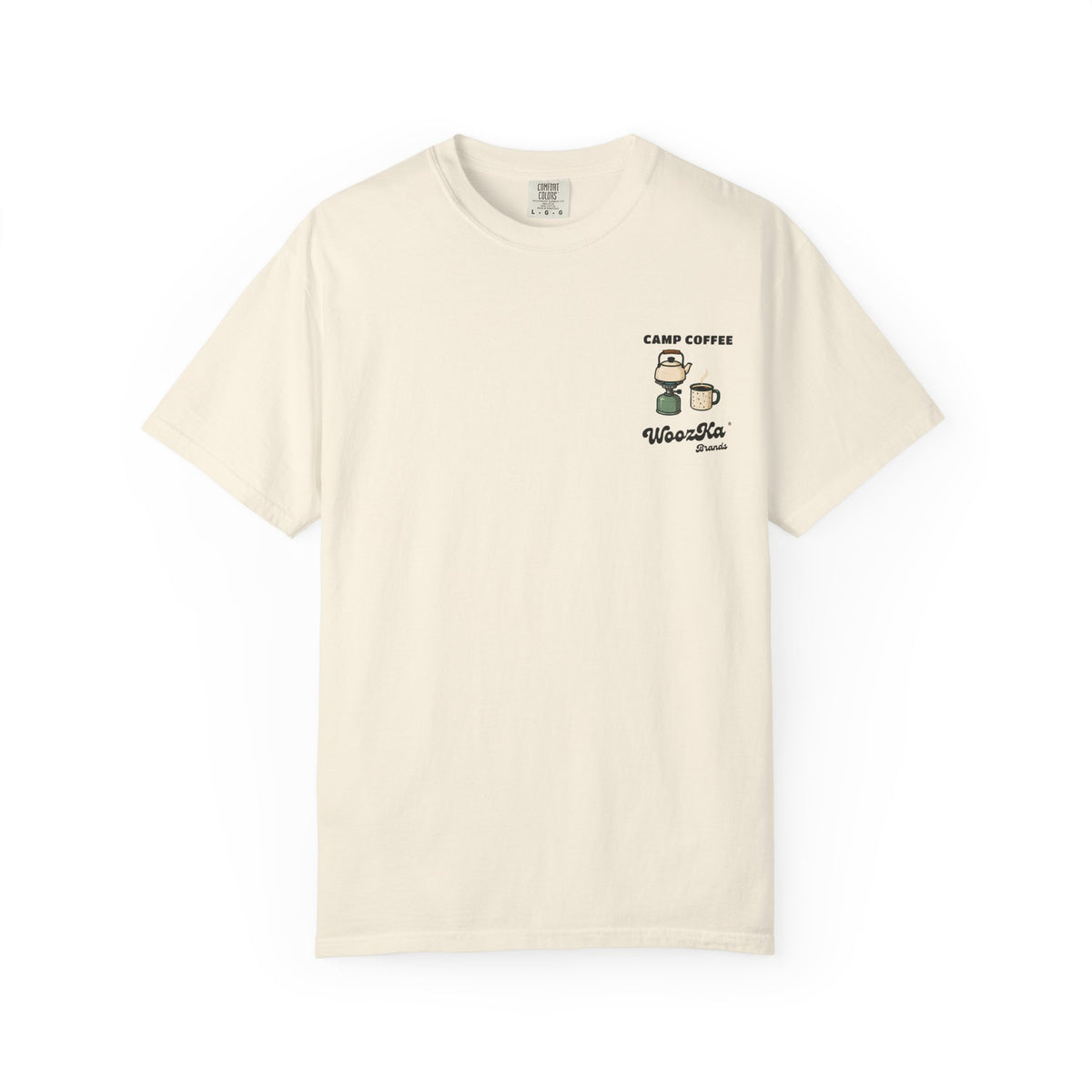 WoozKa Brands Camping Coffee Heavyweight Tee, Outdoor Tent Back Print