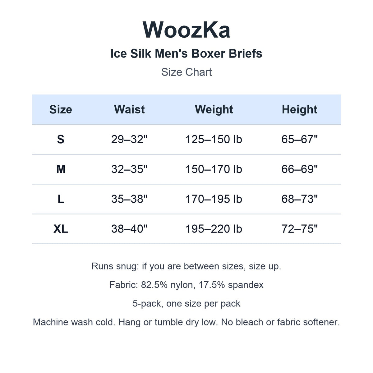 WoozKa Ice Silk men's boxer briefs size chart