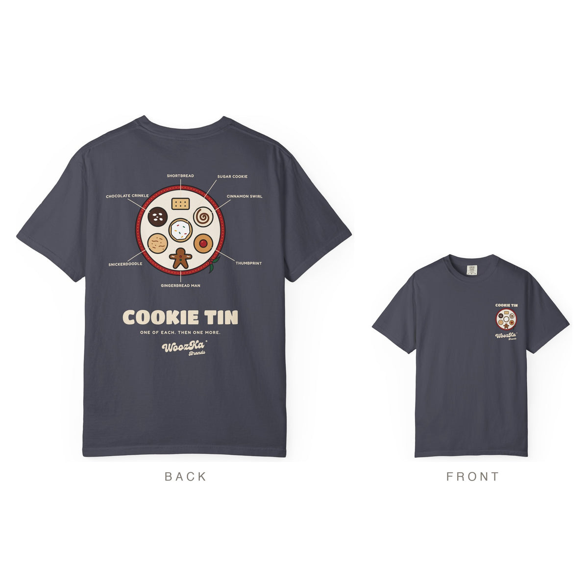 Christmas Cookie Heavyweight Tee, Holiday Baking Back Print, Navy, back and front