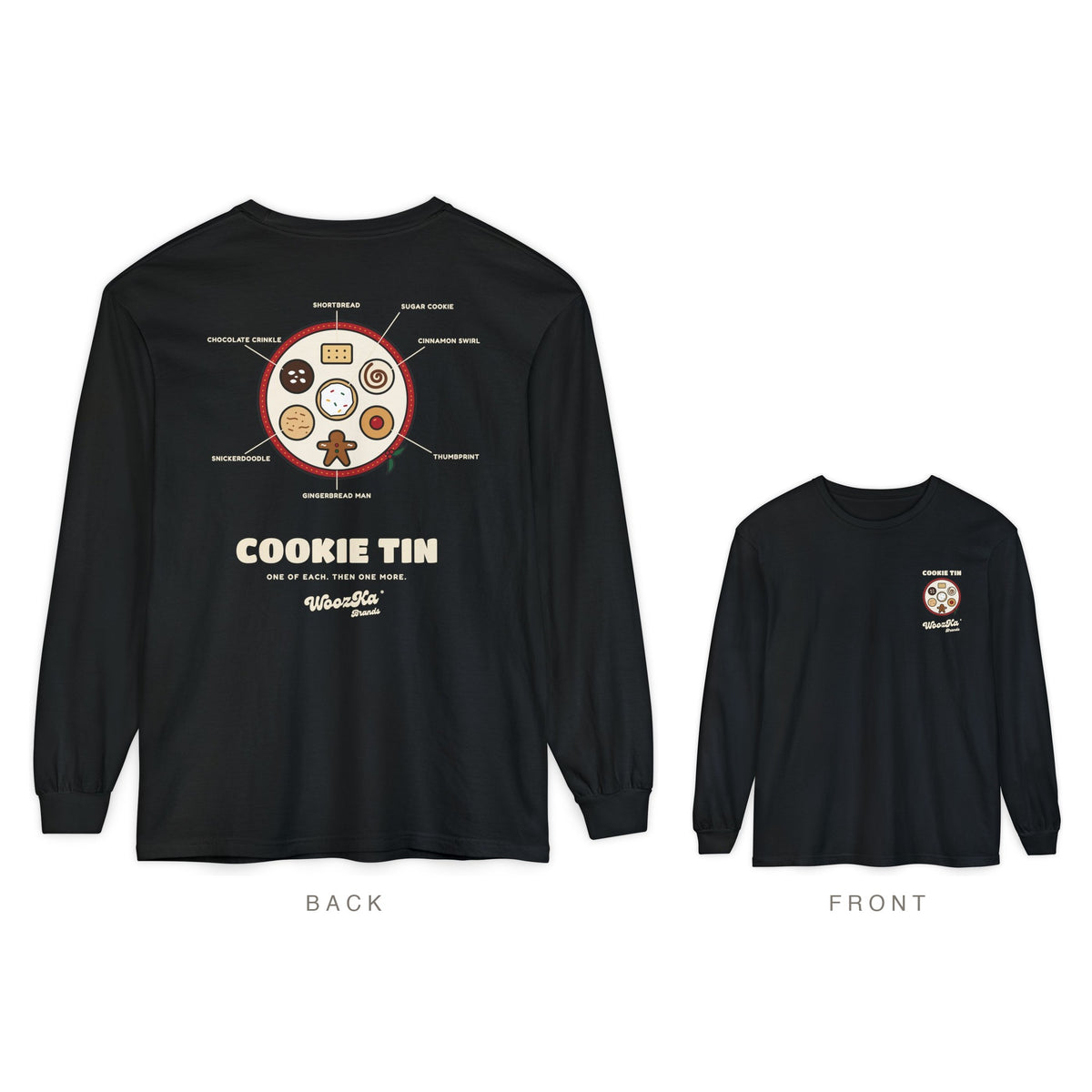 Christmas Cookie Long Sleeve Tee, Holiday Baking Back Print, Black, back and front