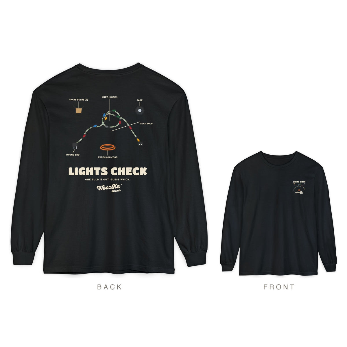 Christmas Lights Long Sleeve Tee, Funny Holiday Back Print, Black, back and front