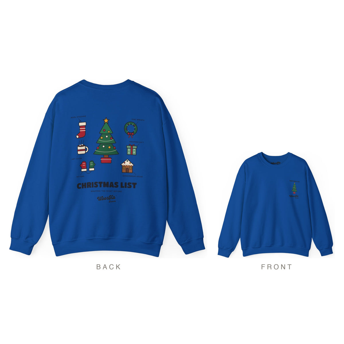 Cute Christmas Tree Sweatshirt, Holiday List Back Print, Royal, back and front
