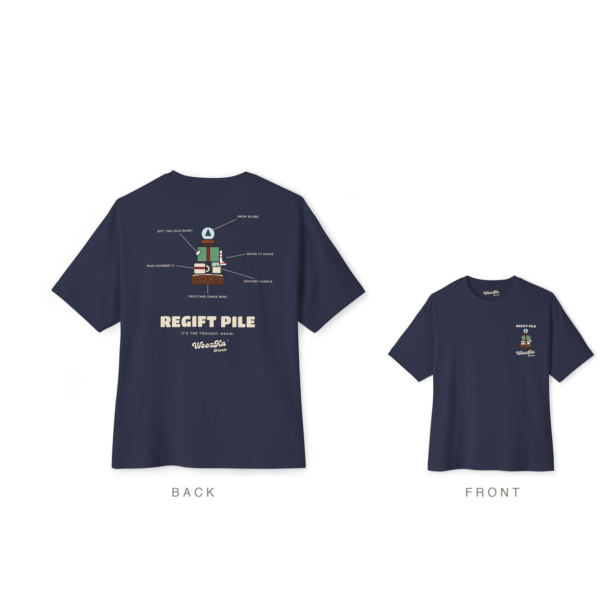 Funny Christmas Oversized Tee, Regift Office Party Back Print, Navy, back and front
