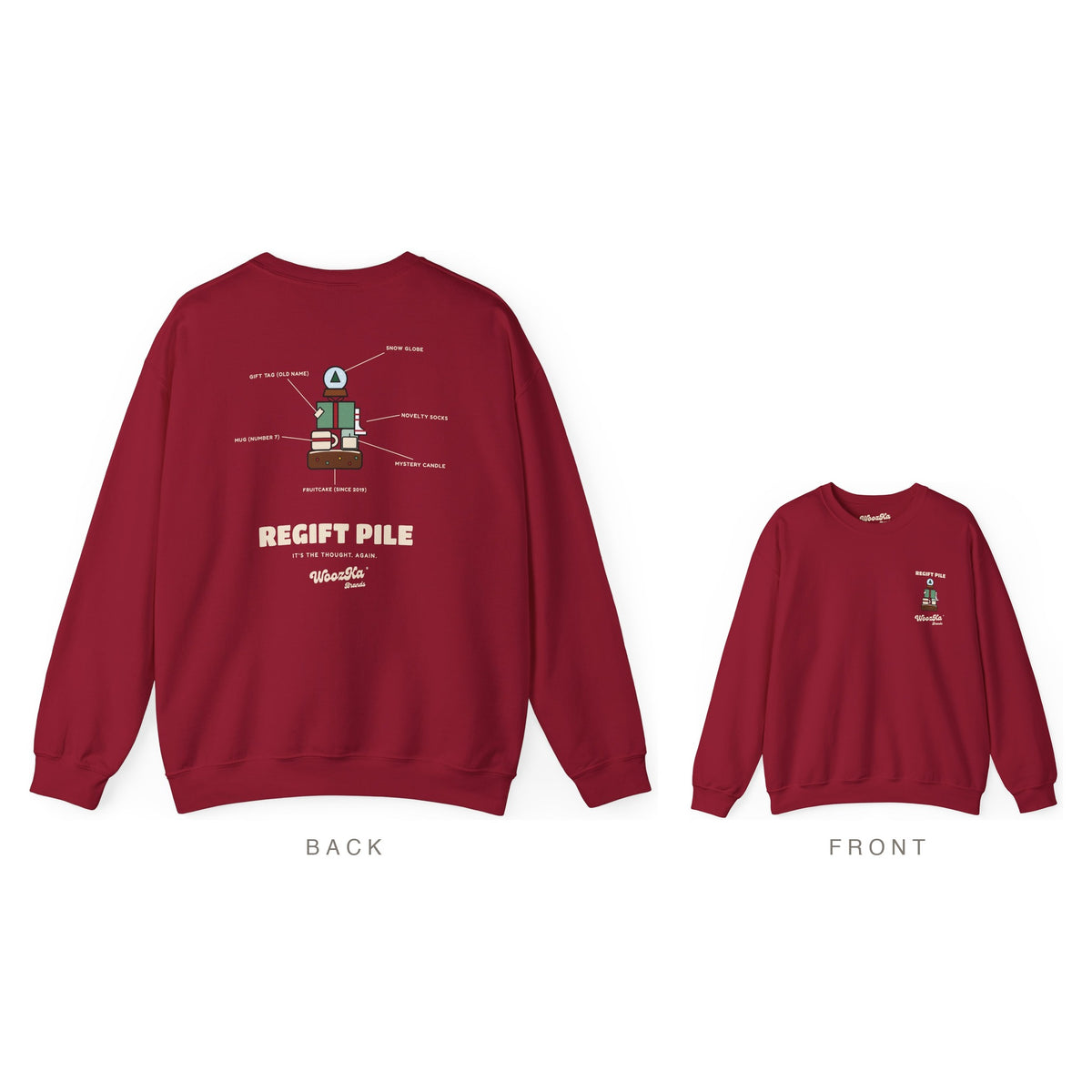Funny Christmas Sweatshirt, Regift Office Party Back Print, Cardinal Red, back and front