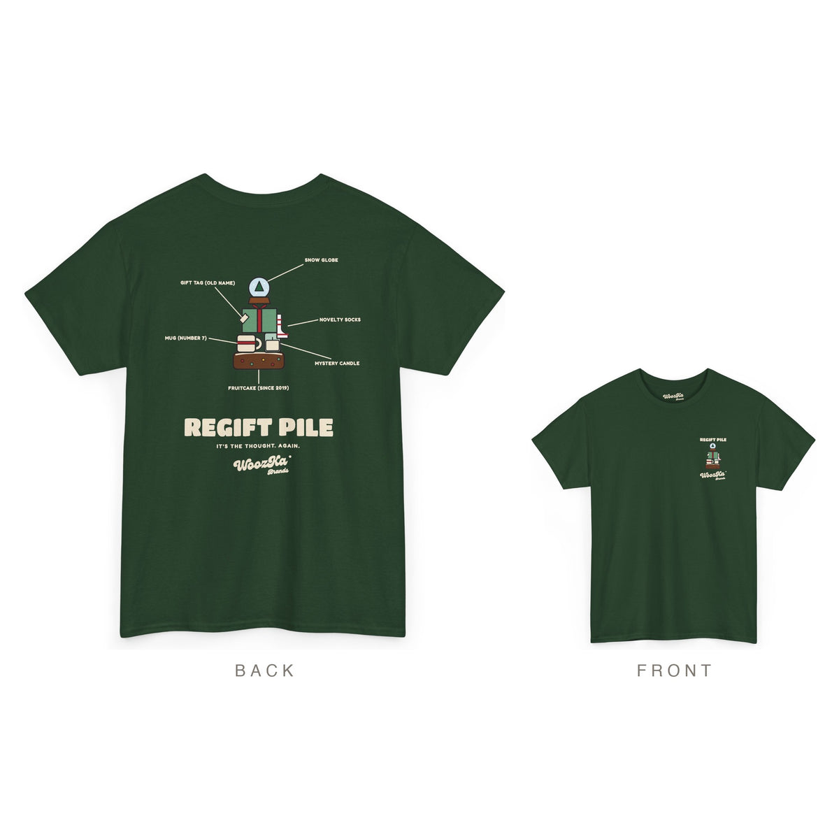 Funny Christmas T-Shirt, Regift Office Party Back Print, Forest Green, back and front