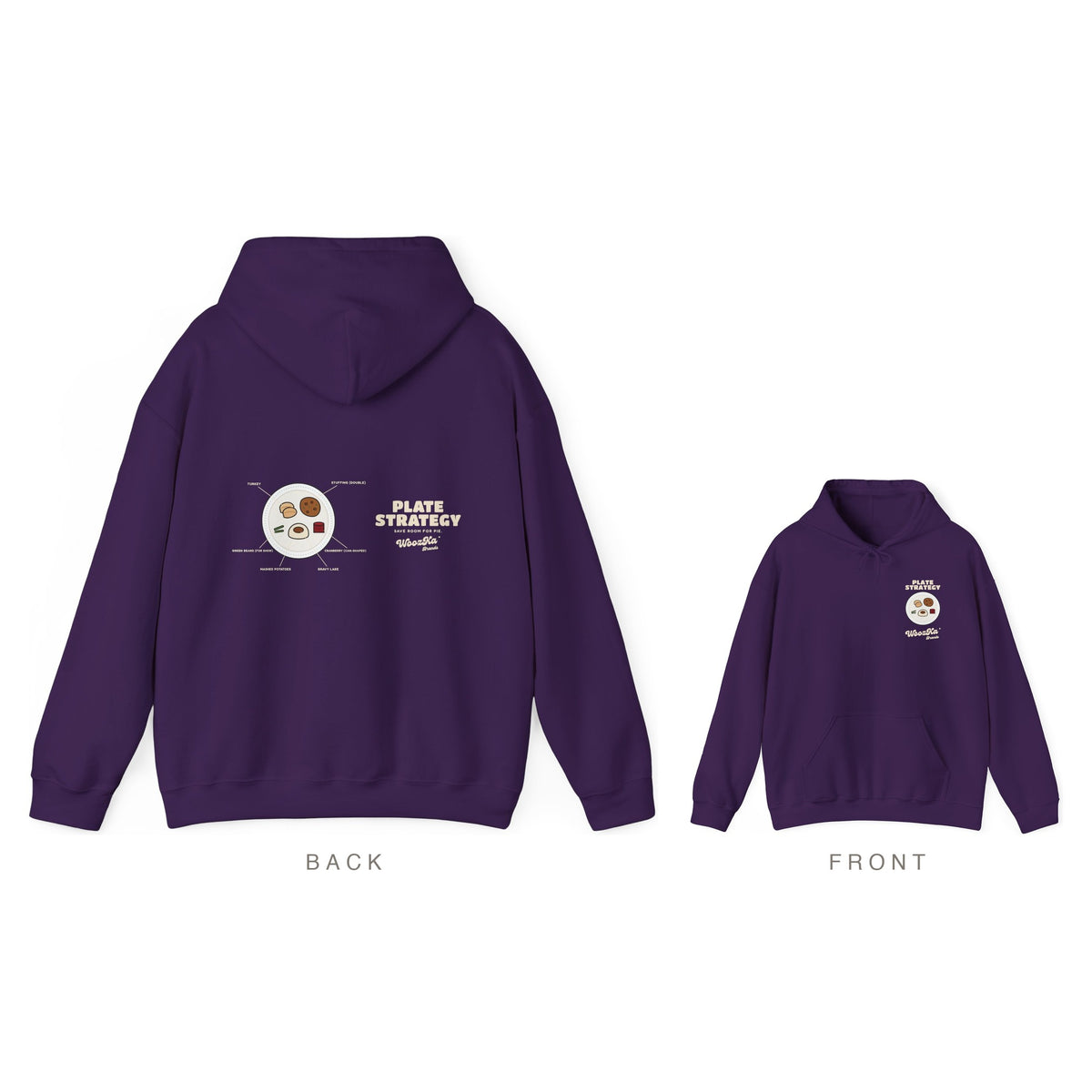 Funny Thanksgiving Hoodie, Turkey Dinner Wide Back Print, Purple, back and front