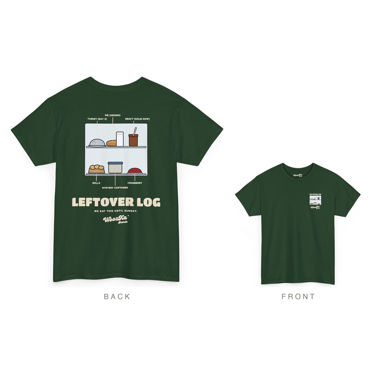 Funny Thanksgiving Leftovers T-Shirt, Turkey Pie Back Print, Forest Green, back and front