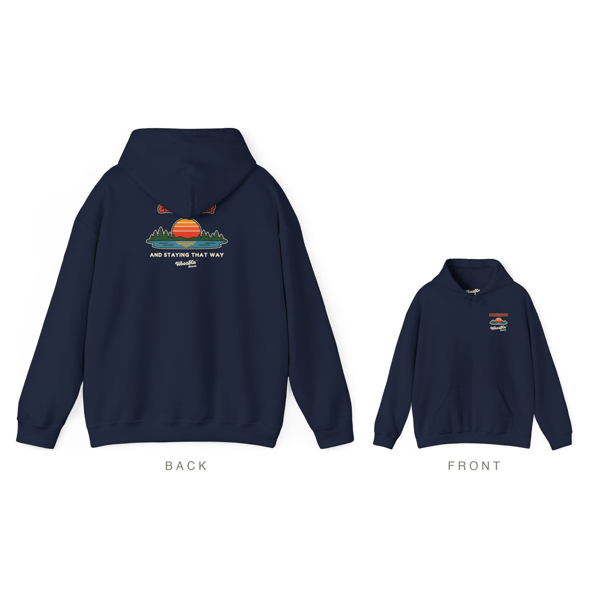 Retro Sunset Lake Hoodie, Nature Outdoors Pine Back Print, Navy, back and front