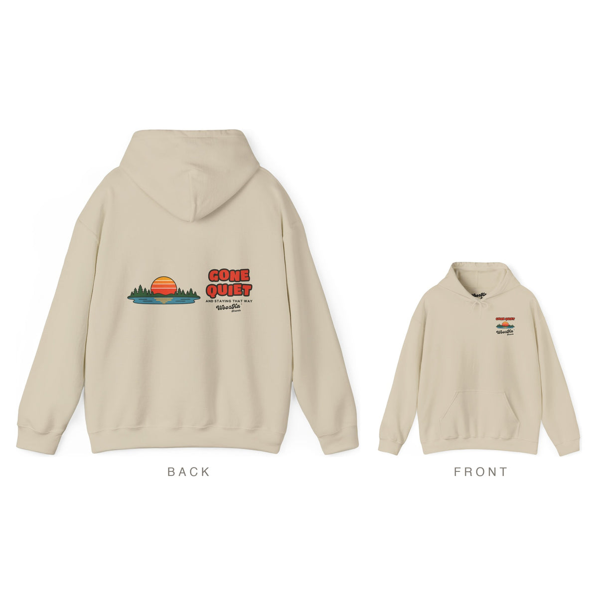 Retro Sunset Lake Hoodie, Nature Outdoors Wide Back Print, Sand, back and front