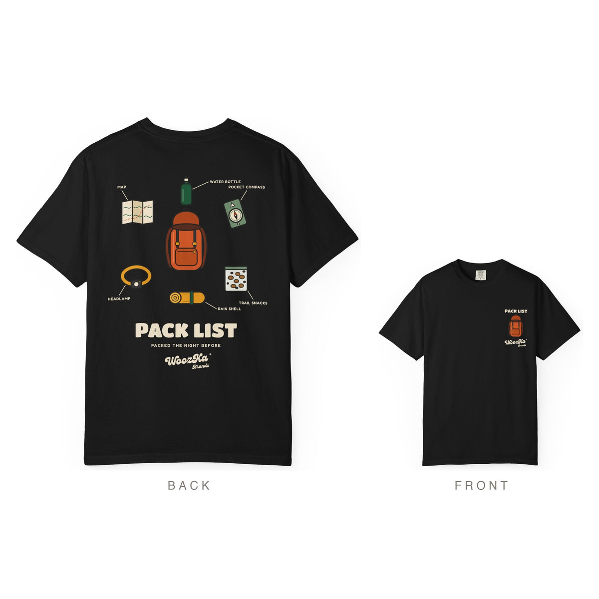 Hiking Heavyweight Tee, Backpacking Gear List Back Print, Black, back and front