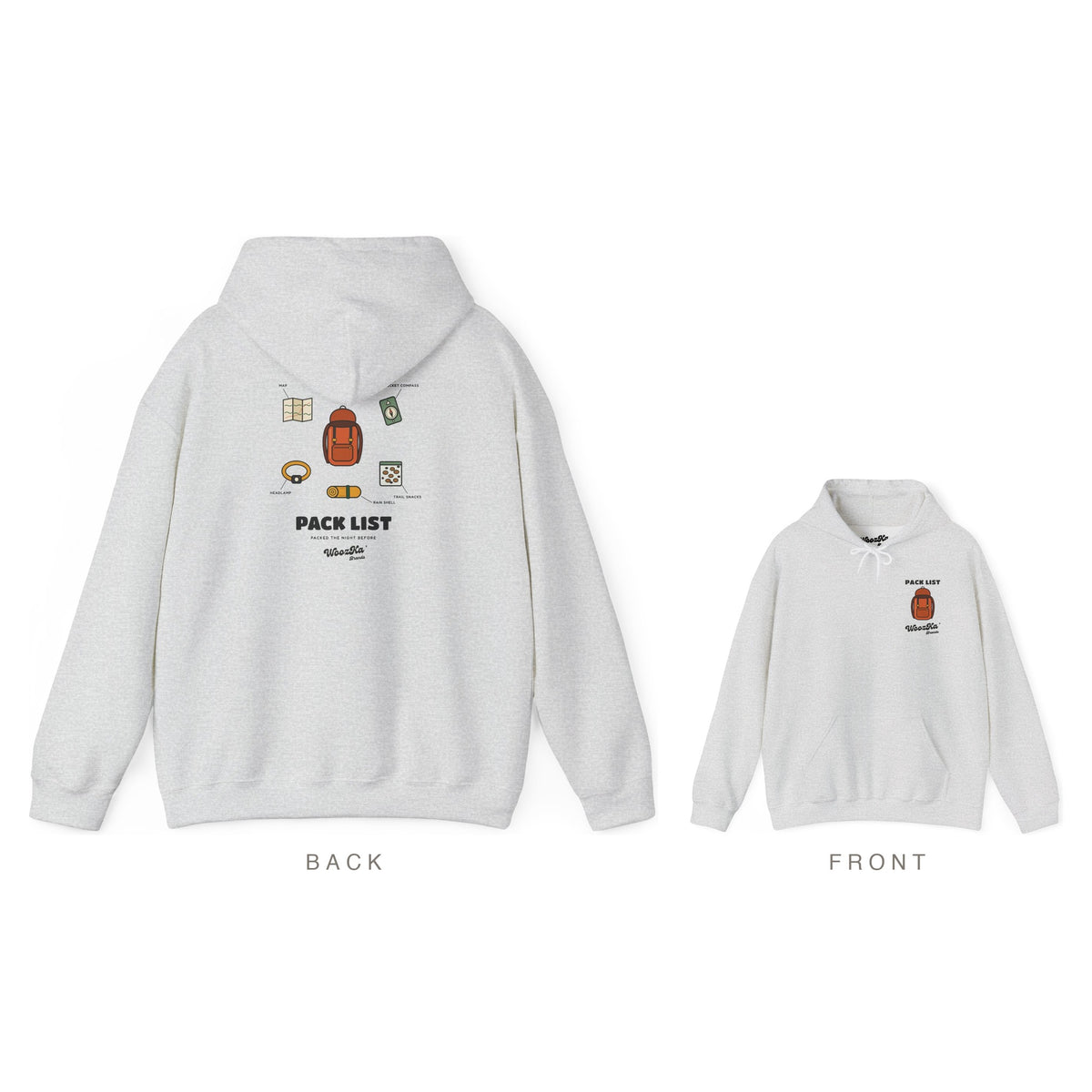 Hiking Hoodie, Backpacking Gear List Back Print, Ash, back and front