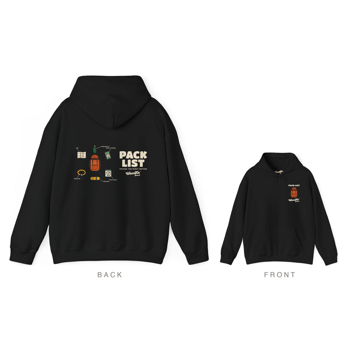 Hiking Hoodie, Backpacking Gear List Wide Back Print, Black, back and front