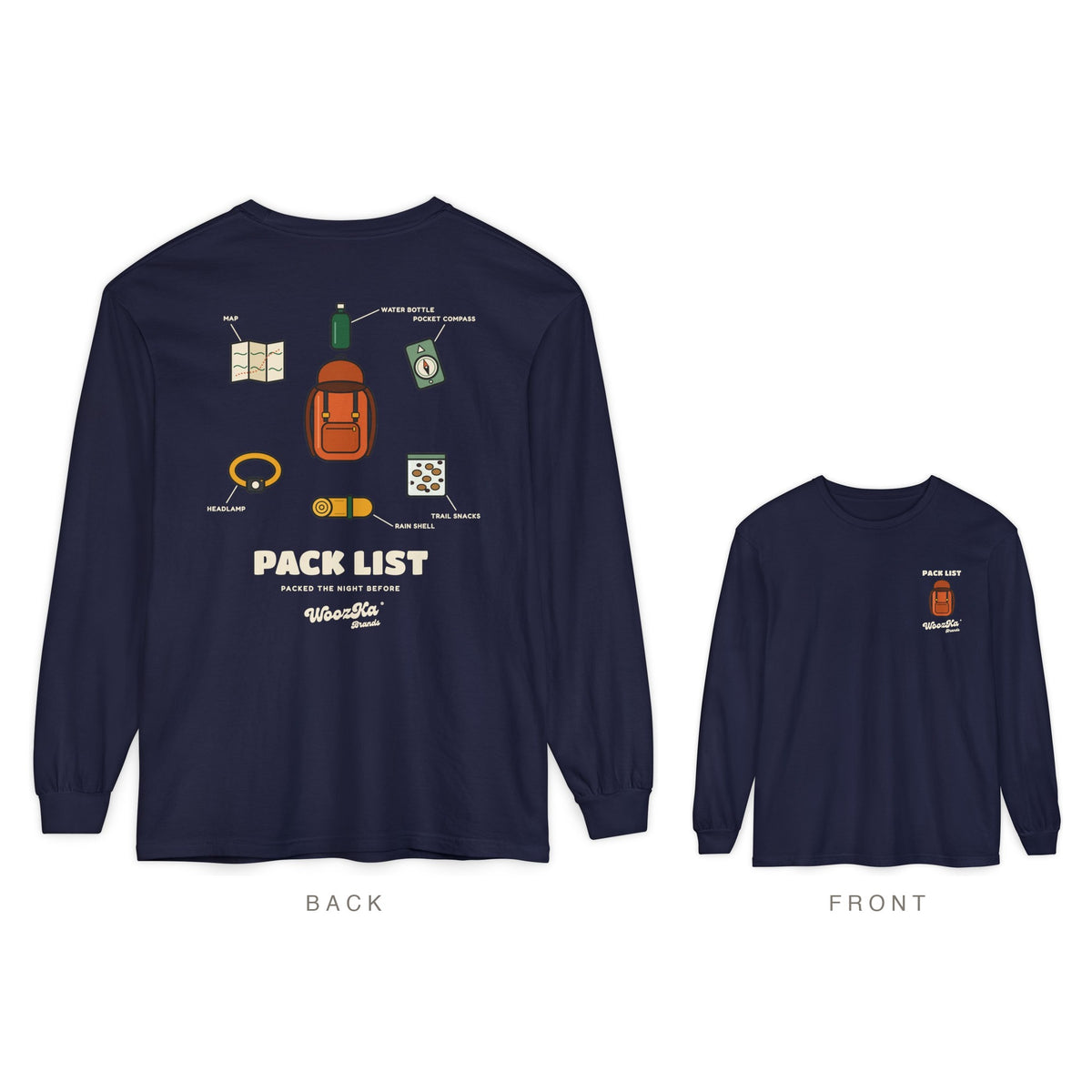 Hiking Long Sleeve Tee, Backpacking Gear List Back Print, True Navy, back and front
