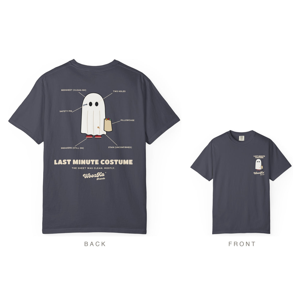 Lazy Halloween Costume Heavyweight Tee, Back Print, Navy, back and front