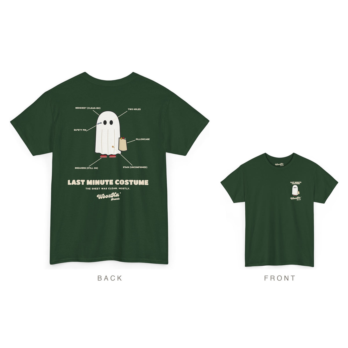 Lazy Halloween Costume T-Shirt, Funny Ghost Sheet Back Print, Forest Green, back and front