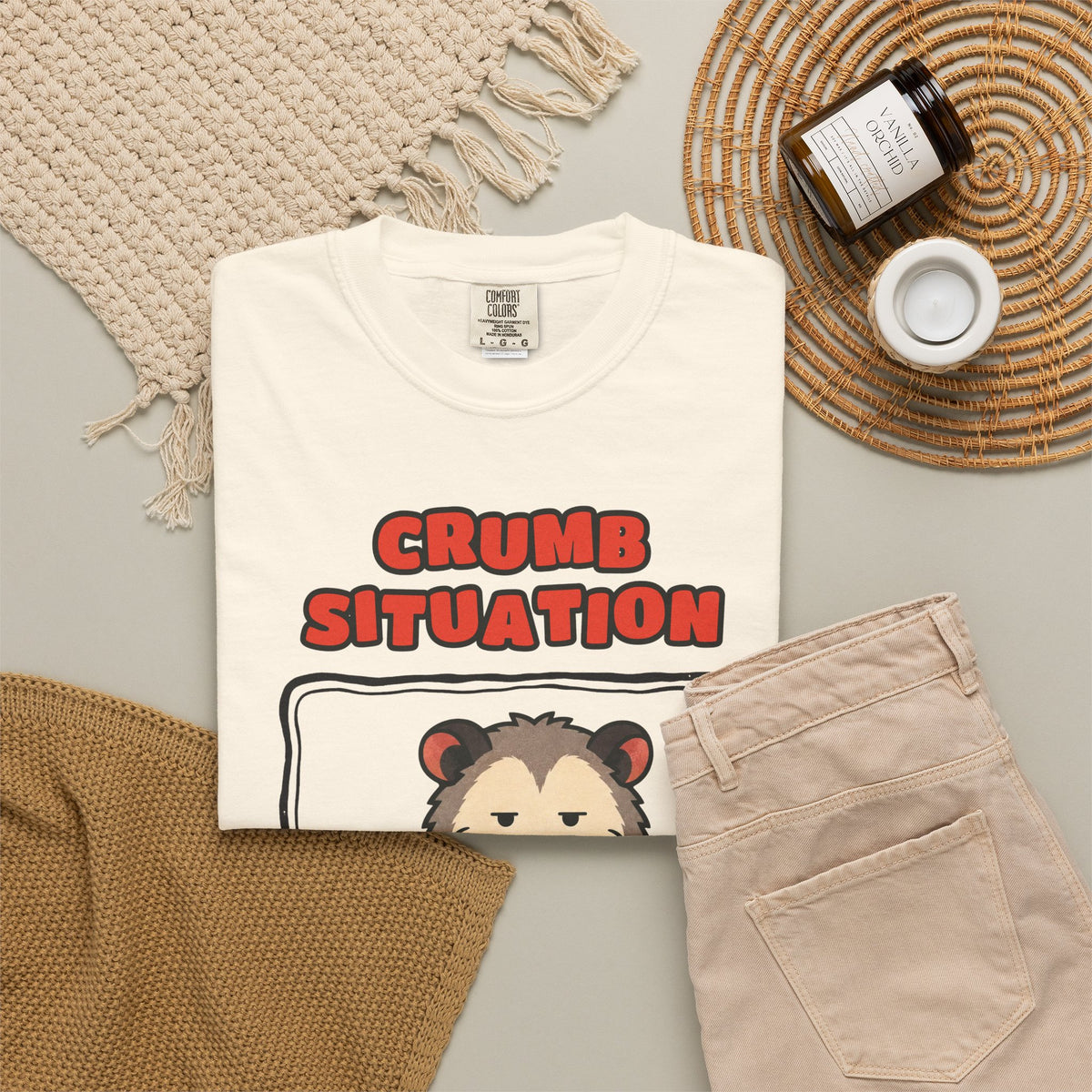 WoozKa Brands Crumb Situation Opossum Garment-Dyed T-Shirt, Front Graphic