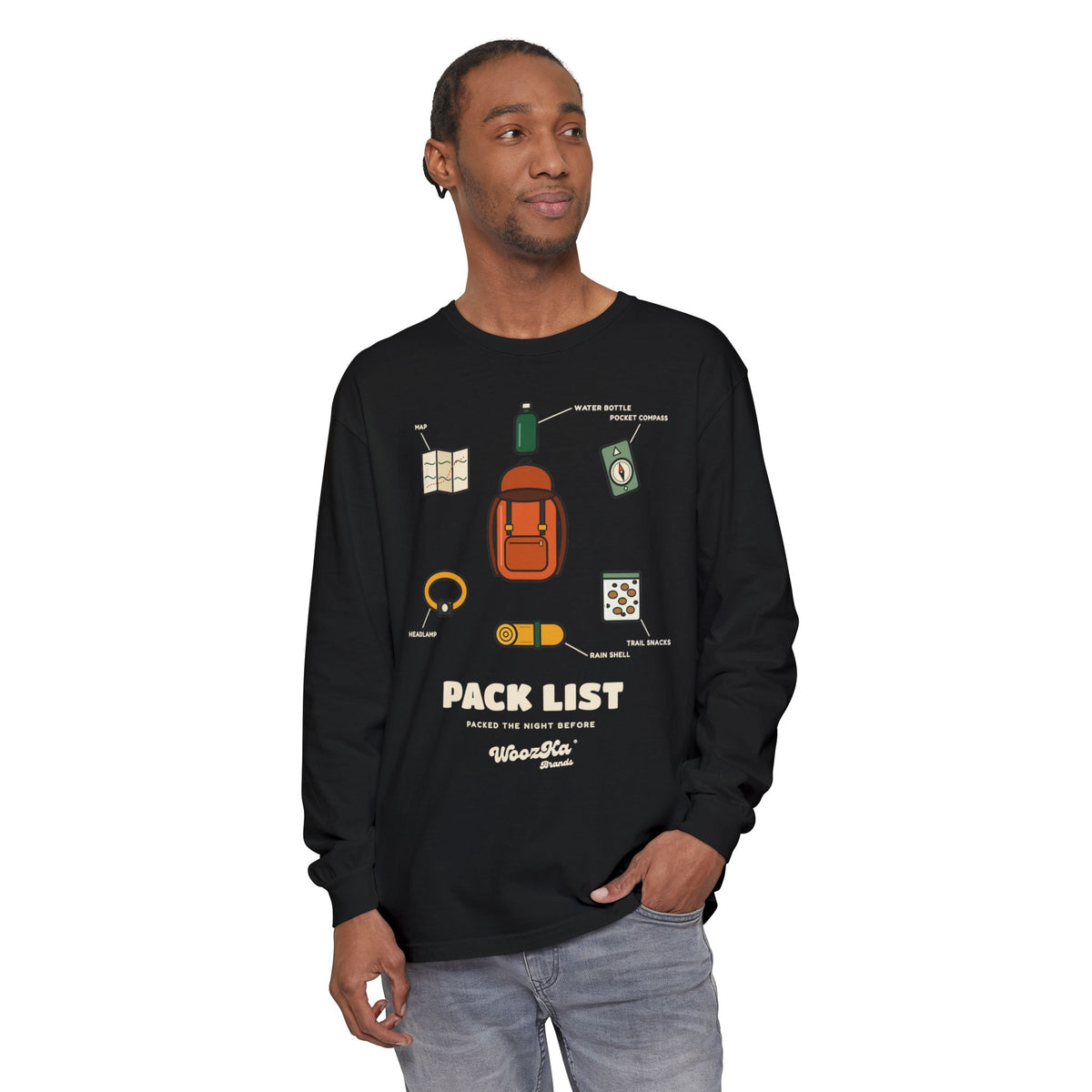 WoozKa Brands Hiking Long Sleeve Tee, Backpacking Gear List Front Print