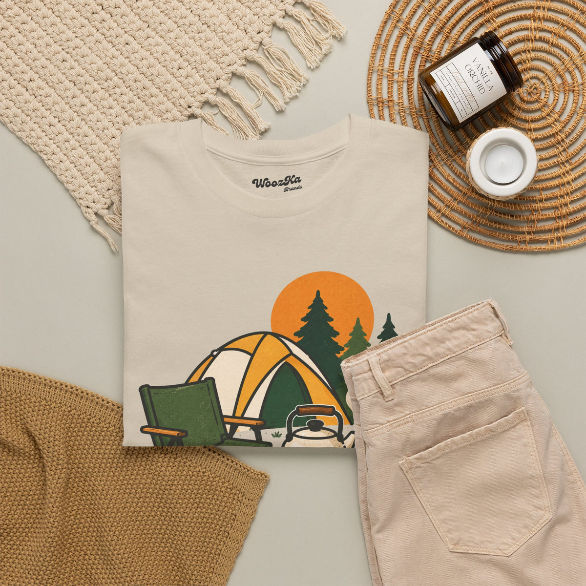 WoozKa Brands Camp Coffee Camping Heavy Cotton T-Shirt, Front Graphic