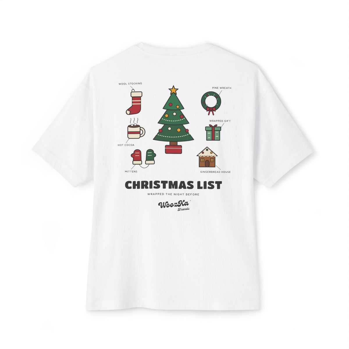 WoozKa Brands Cute Christmas Tree Oversized Tee, Holiday List Back Print