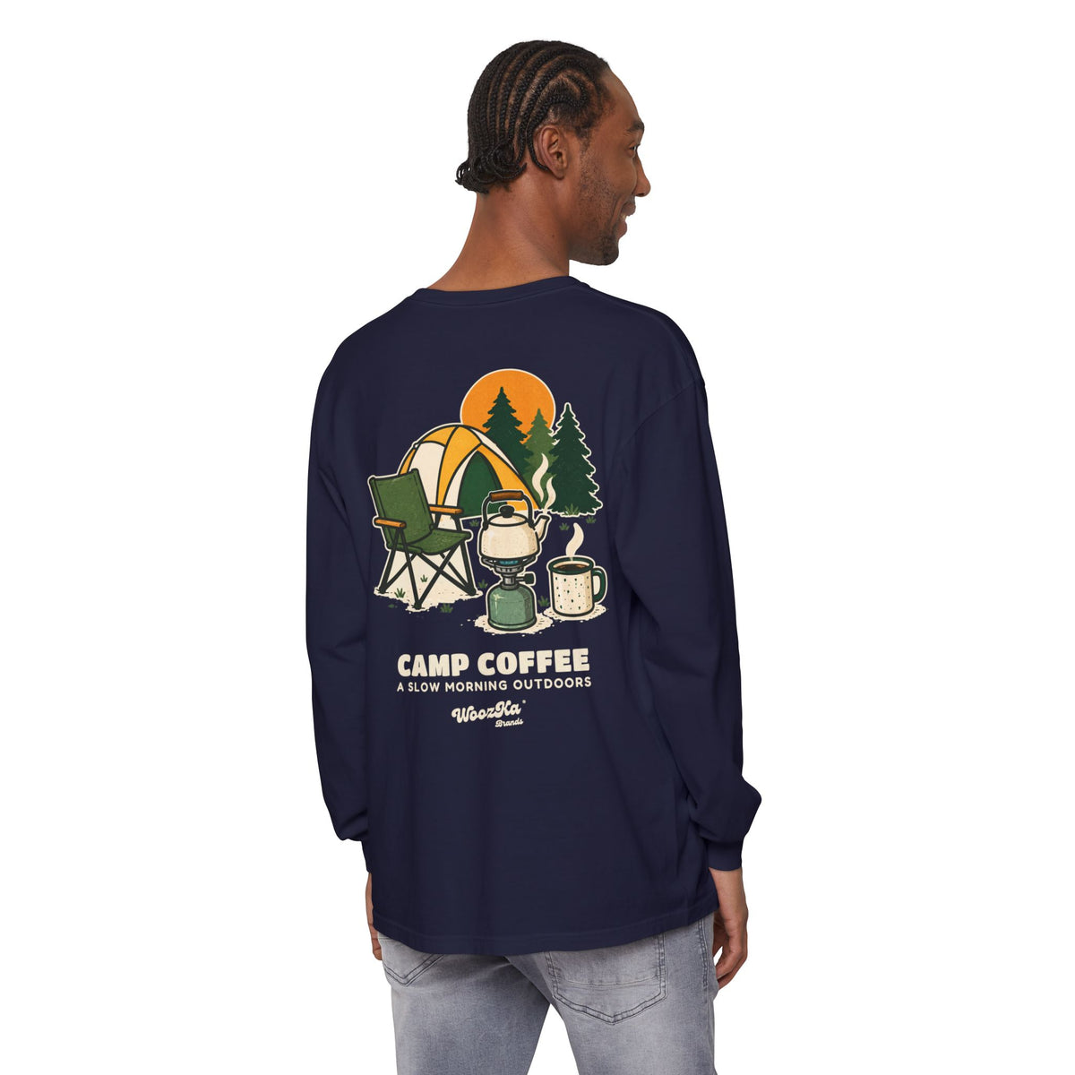 WoozKa Brands Camp Coffee Camping Long Sleeve T-Shirt, Two-Sided Graphic