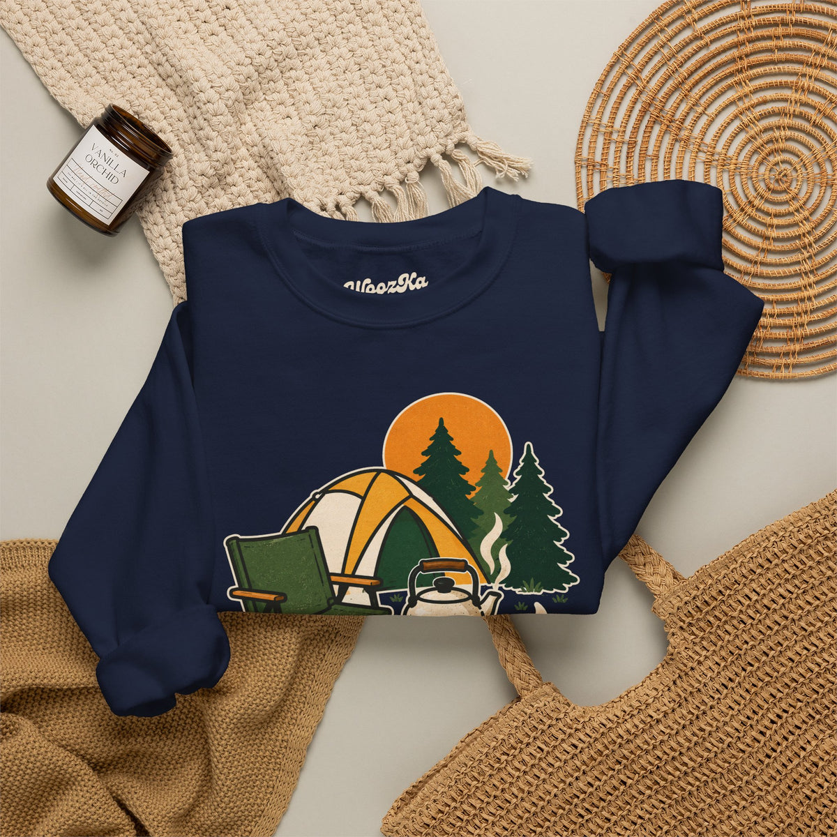 WoozKa Brands Camp Coffee Camping Crewneck Sweatshirt, Front Graphic