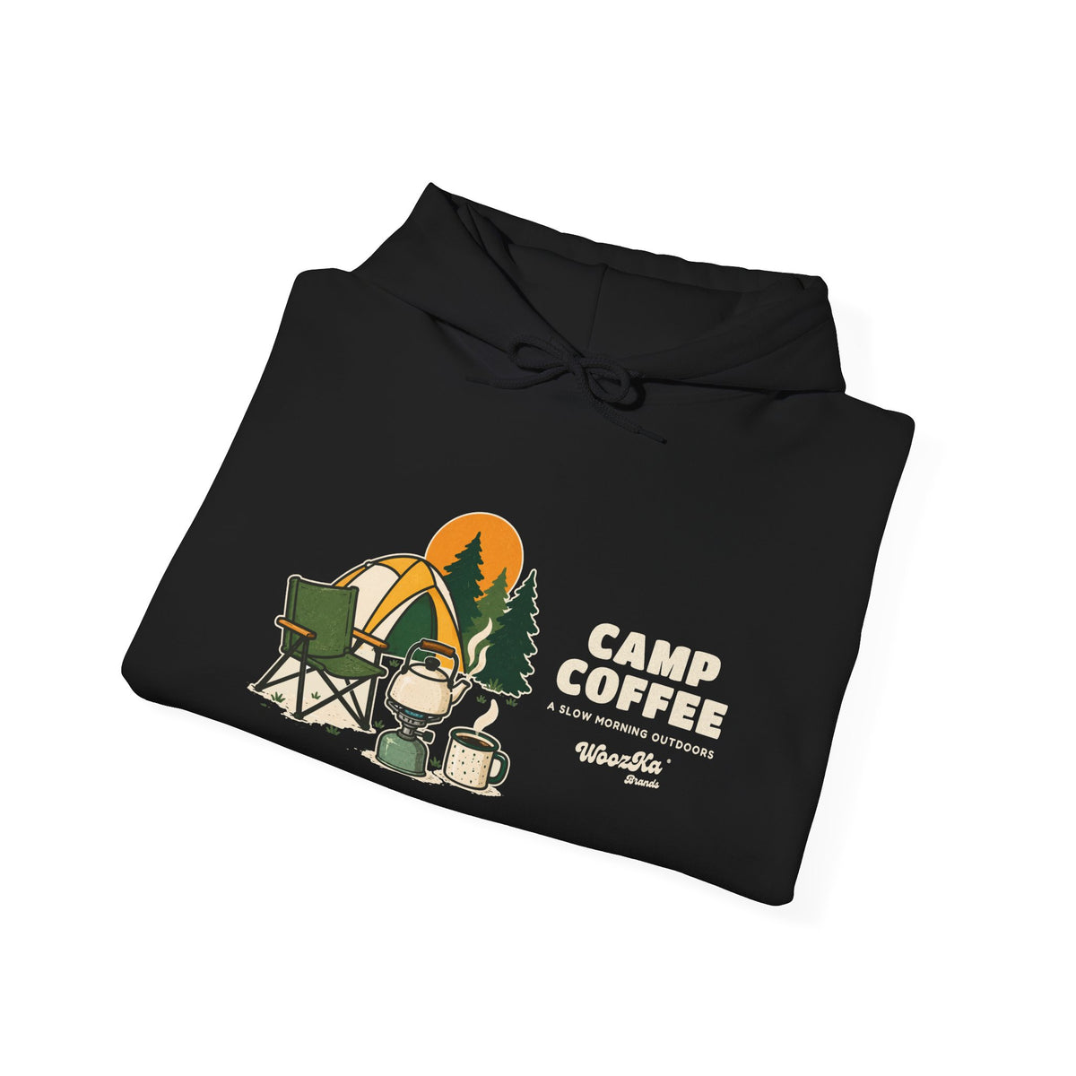 WoozKa Brands Camp Coffee Camping Hoodie, Wide Front Graphic