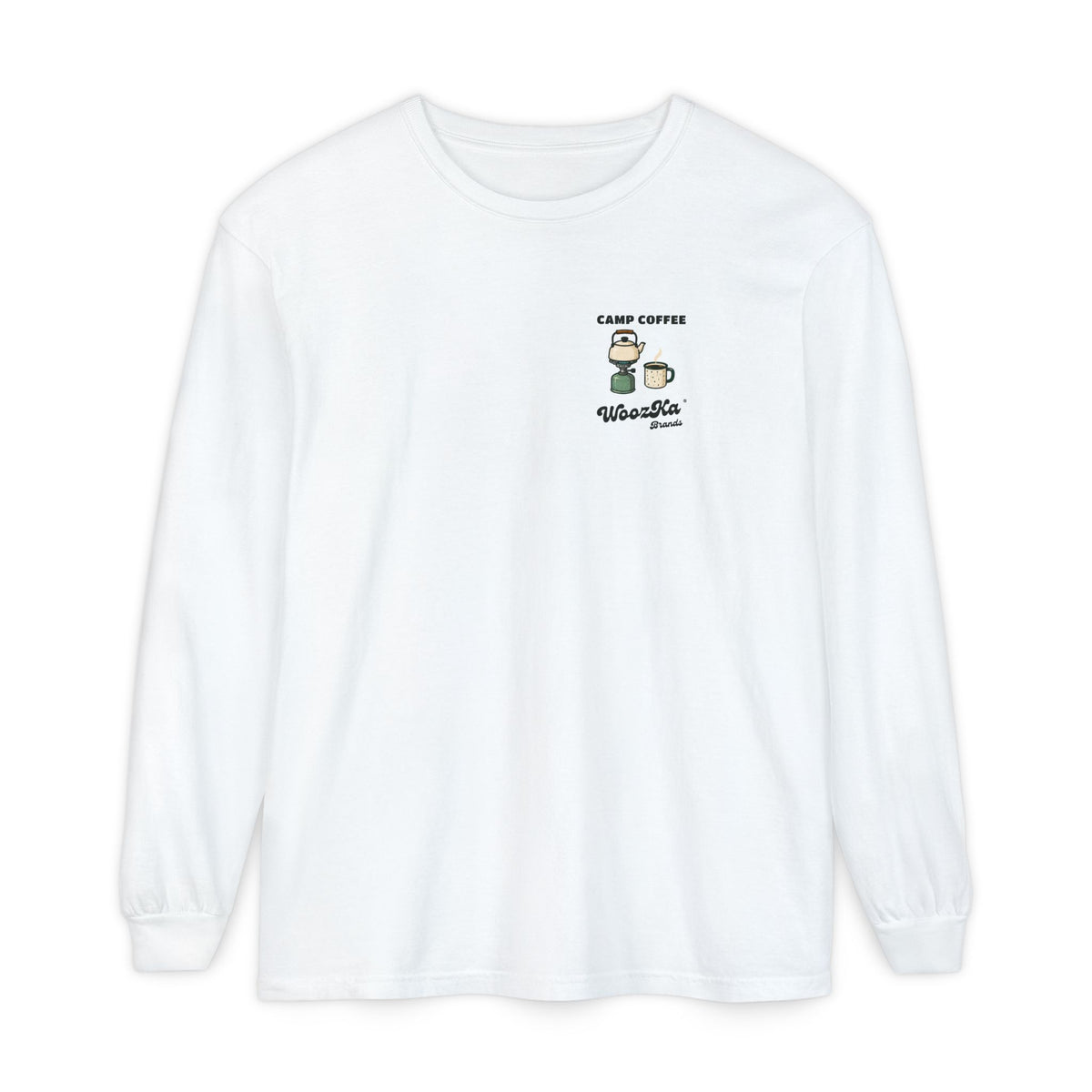 WoozKa Brands Camp Coffee Camping Long Sleeve T-Shirt, Two-Sided Graphic