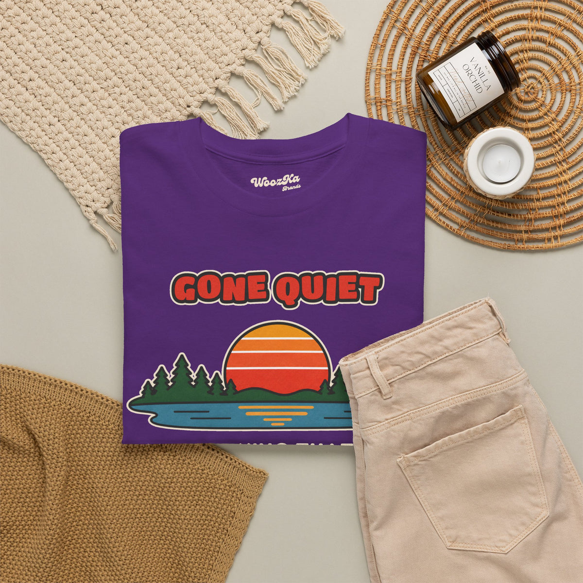 WoozKa Brands Retro Sunset Lake T-Shirt, Nature Outdoors Pine Front Print