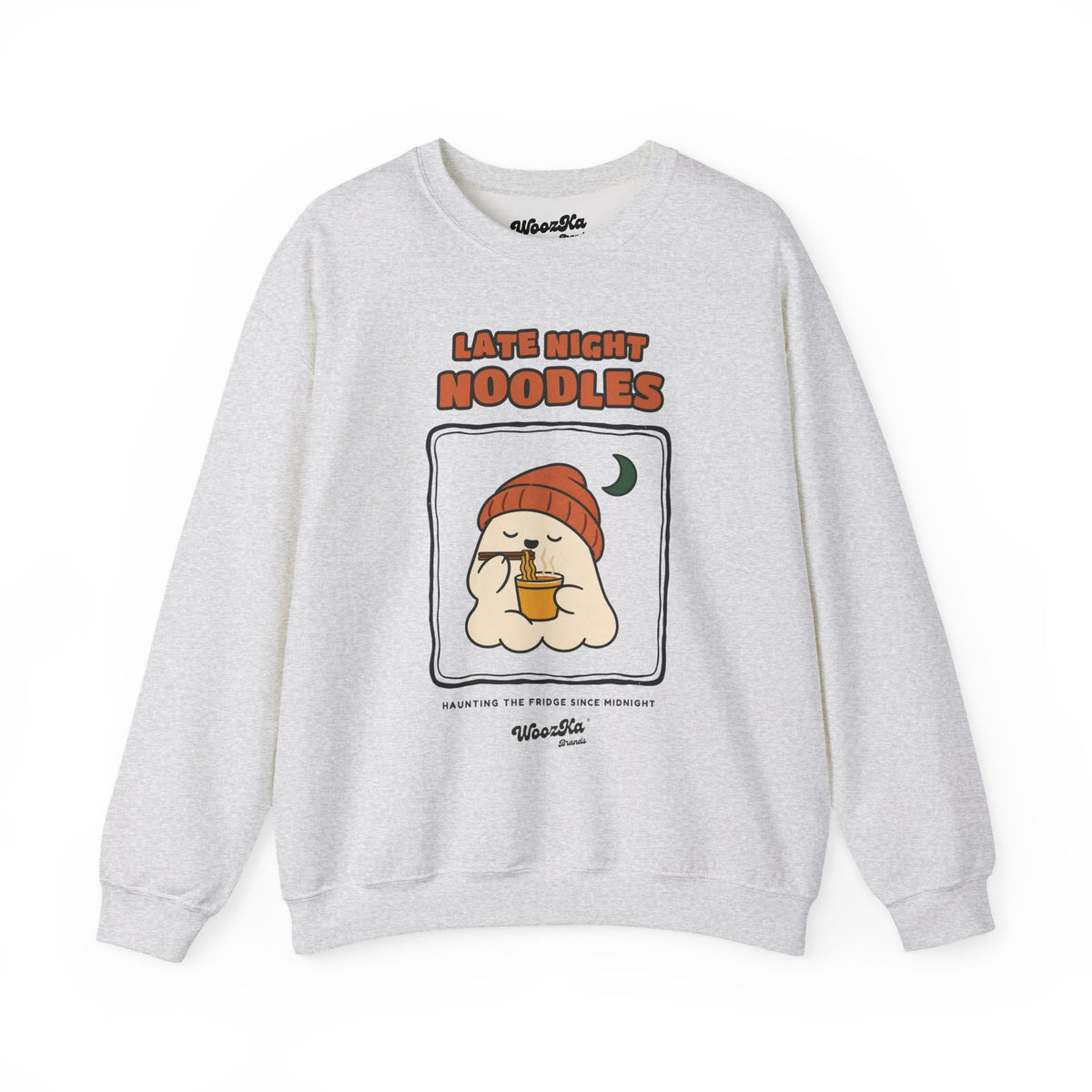 WoozKa Brands Late Night Noodles Ghost Crewneck Sweatshirt, Front Graphic