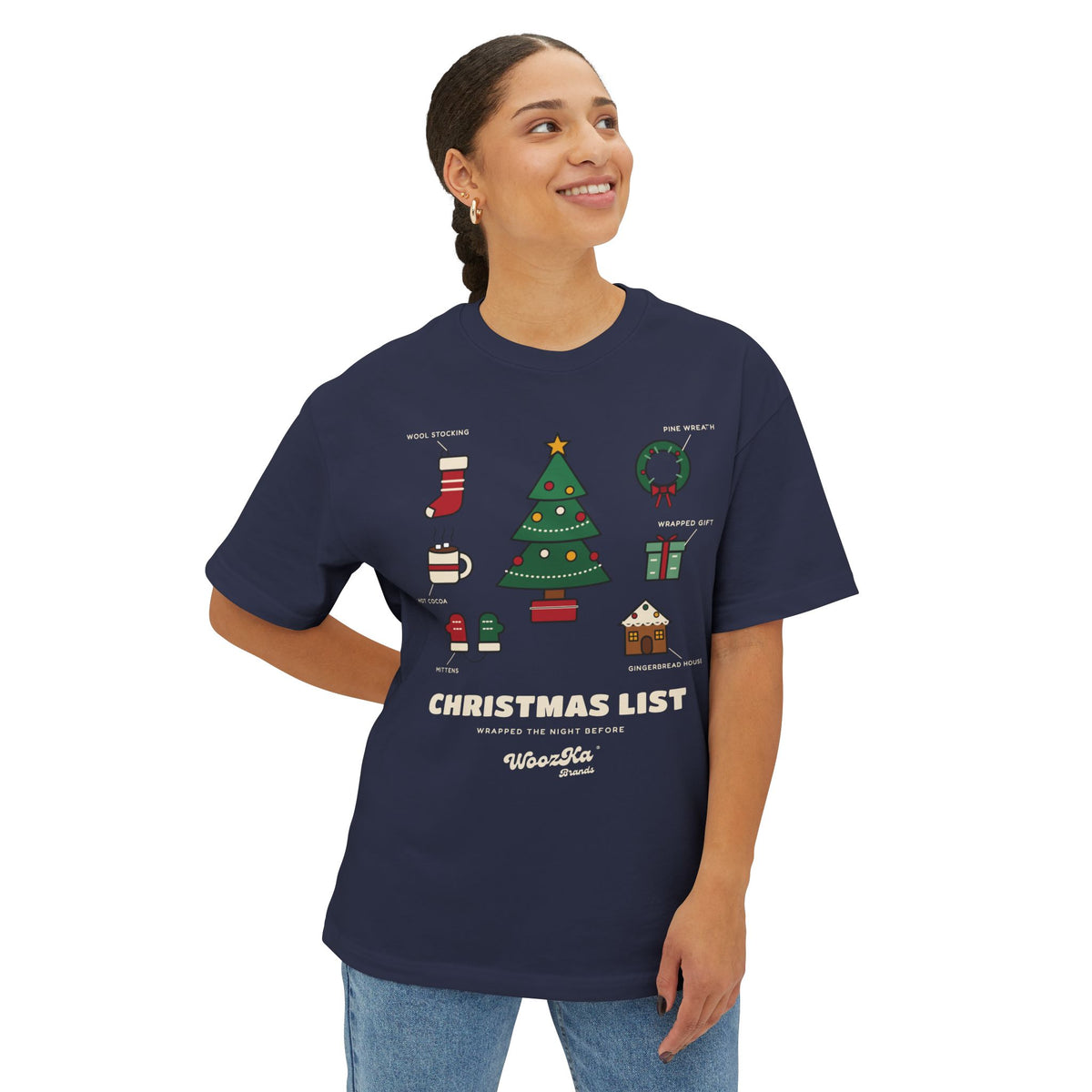 WoozKa Brands Cute Christmas Tree Oversized Tee, Holiday List Front Print