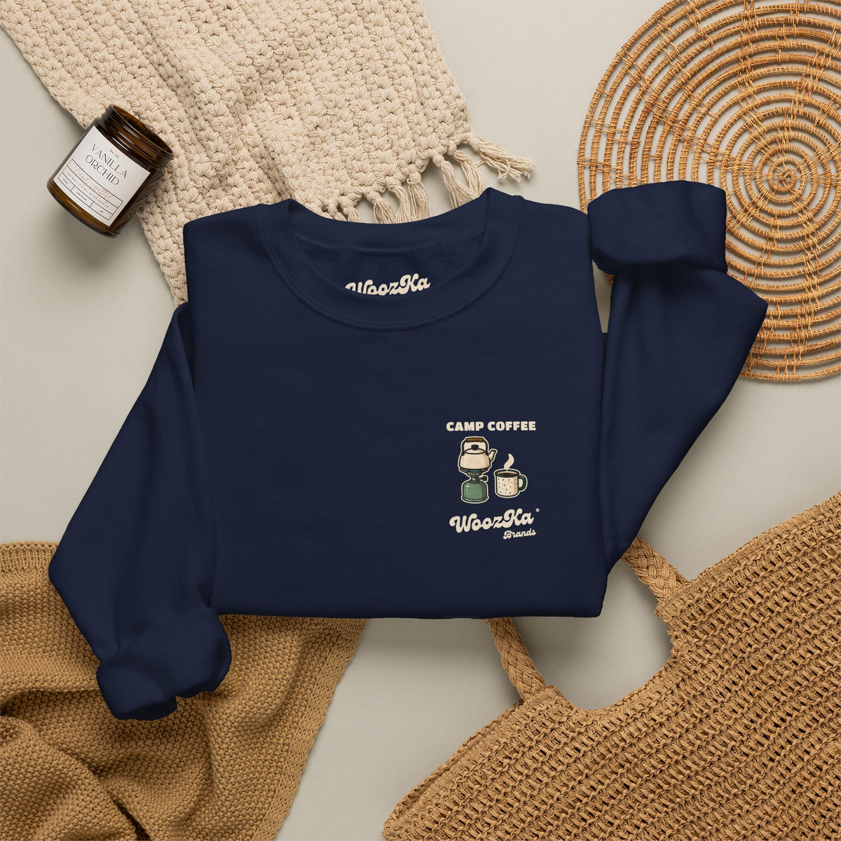 WoozKa Brands Camp Coffee Camping Crewneck Sweatshirt, Two-Sided Graphic