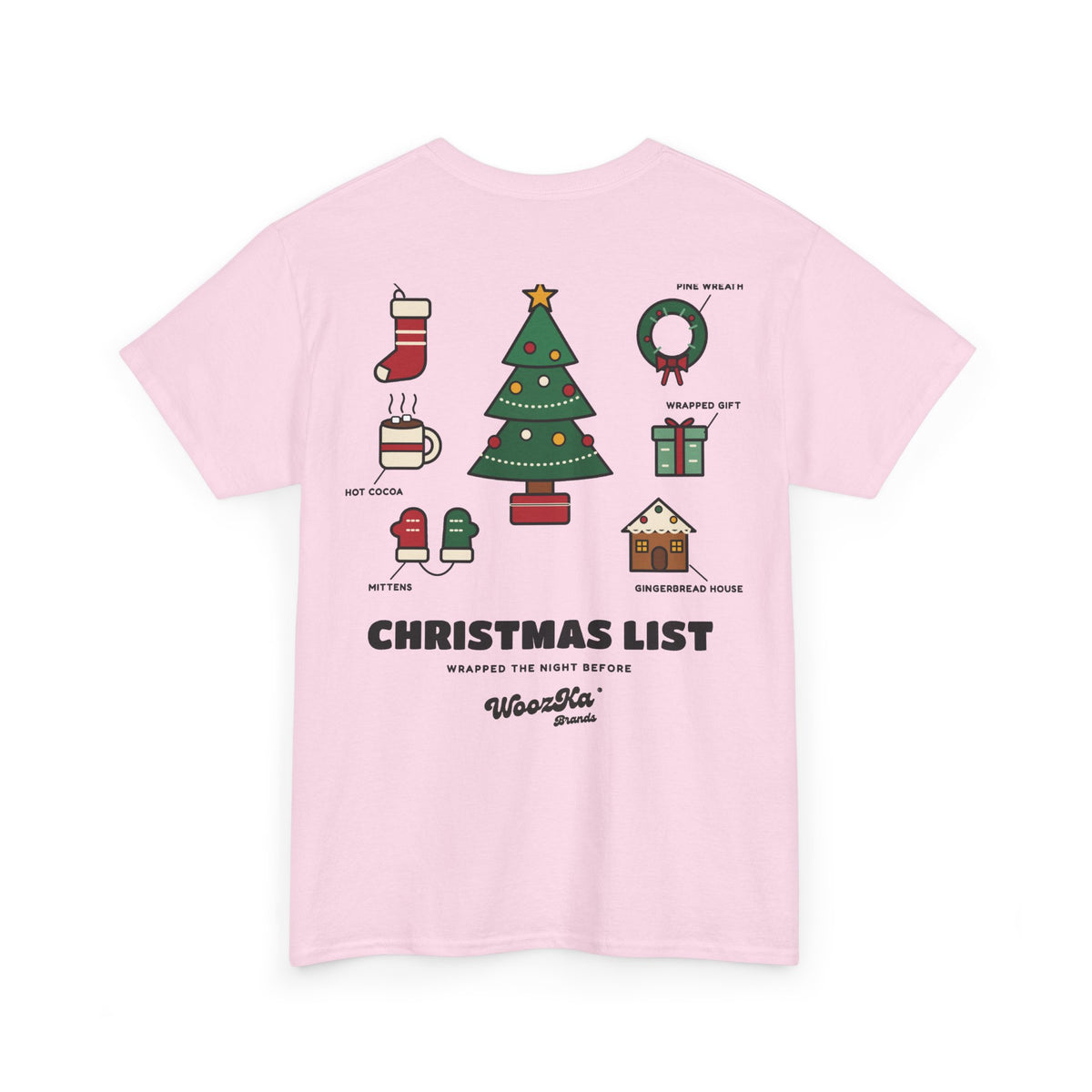 WoozKa Brands Cute Christmas Tree T-Shirt, Holiday List Back Print