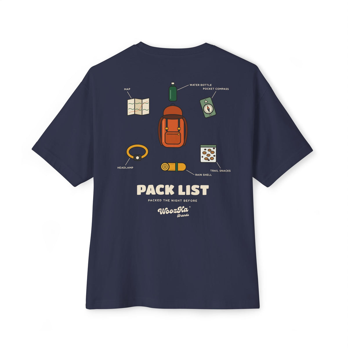 WoozKa Brands Hiking Oversized Tee, Backpacking Gear List Back Print