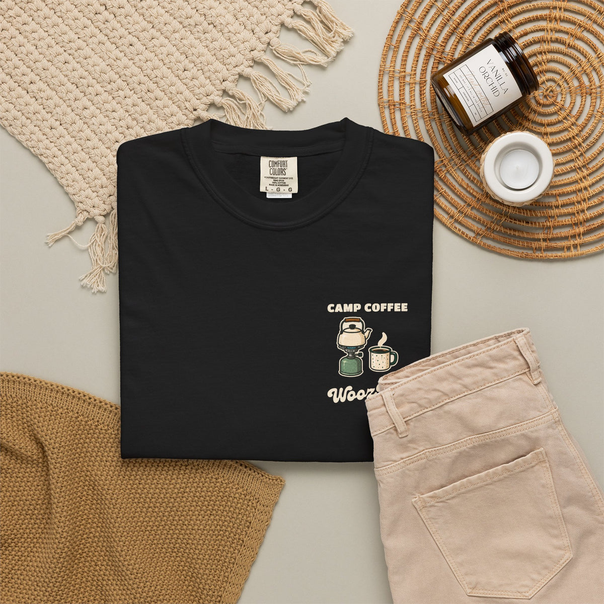 WoozKa Brands Camp Coffee Camping Garment-Dyed T-Shirt, Two-Sided Graphic