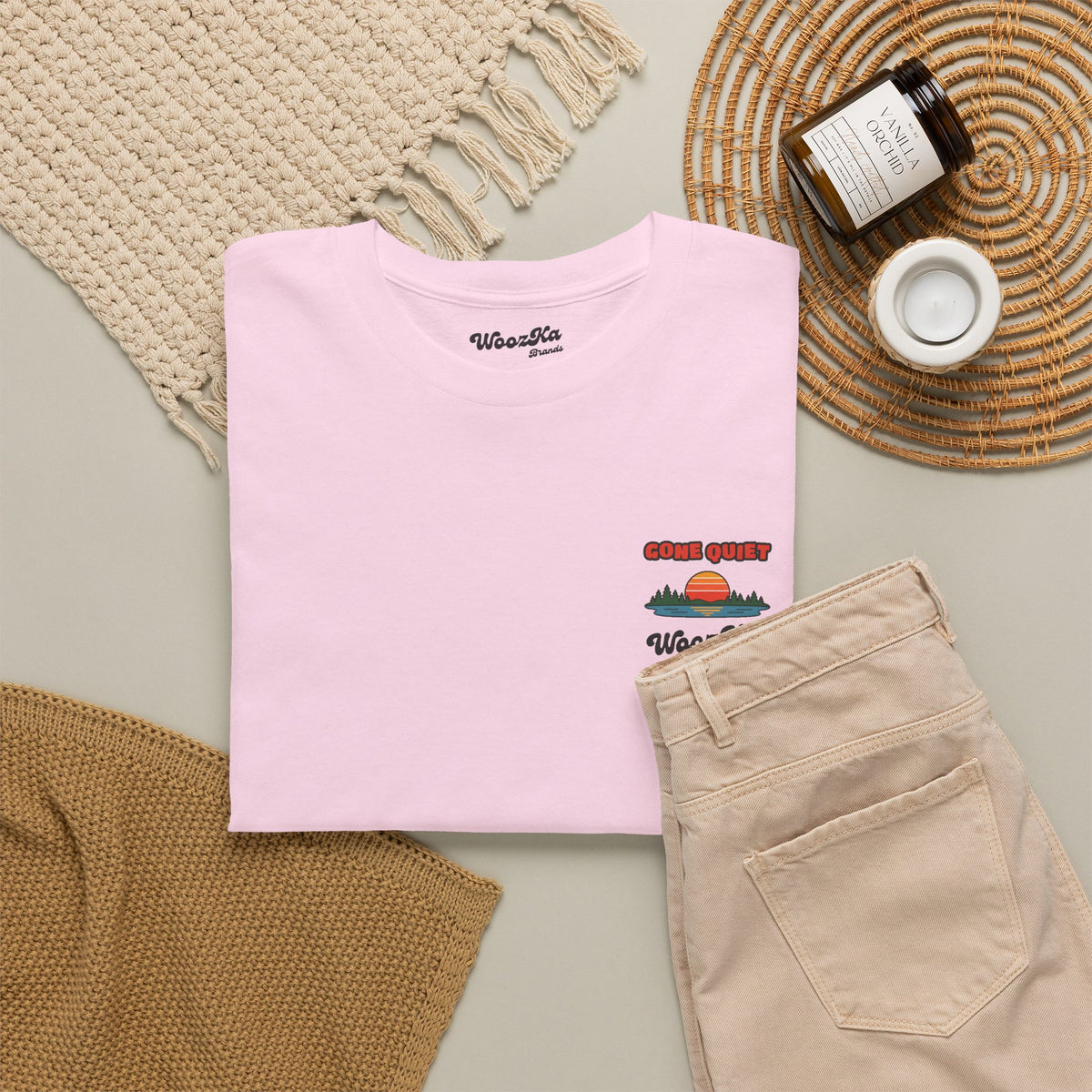 WoozKa Brands Retro Sunset Lake T-Shirt, Nature Outdoors Pine Back Print