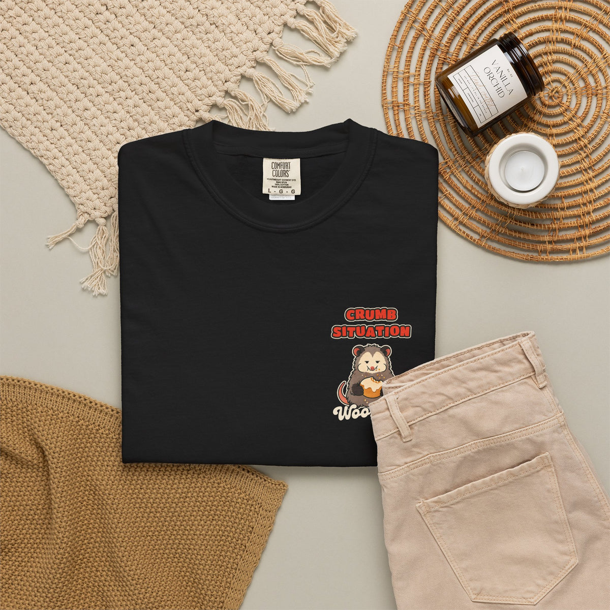 WoozKa Brands Crumb Situation Opossum Garment-Dyed T-Shirt, Two-Sided