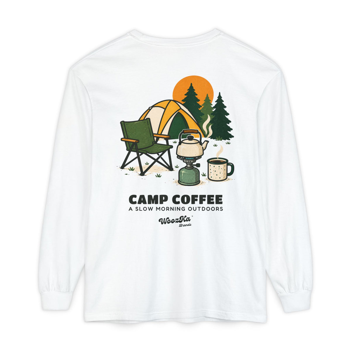 WoozKa Brands Camp Coffee Camping Long Sleeve T-Shirt, Two-Sided Graphic