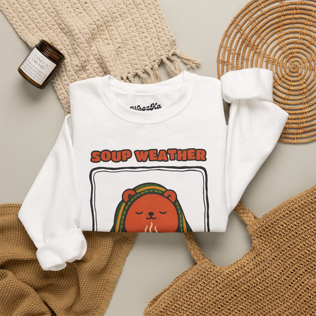 WoozKa Brands Soup Weather Bear Crewneck Sweatshirt, Front Graphic