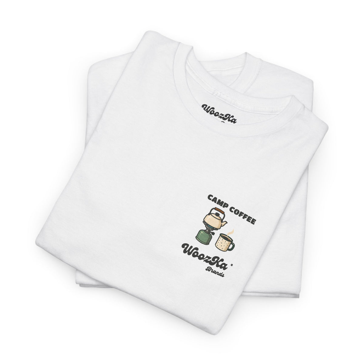 WoozKa Brands Camp Coffee Camping Heavy Cotton T-Shirt, Two-Sided Graphic