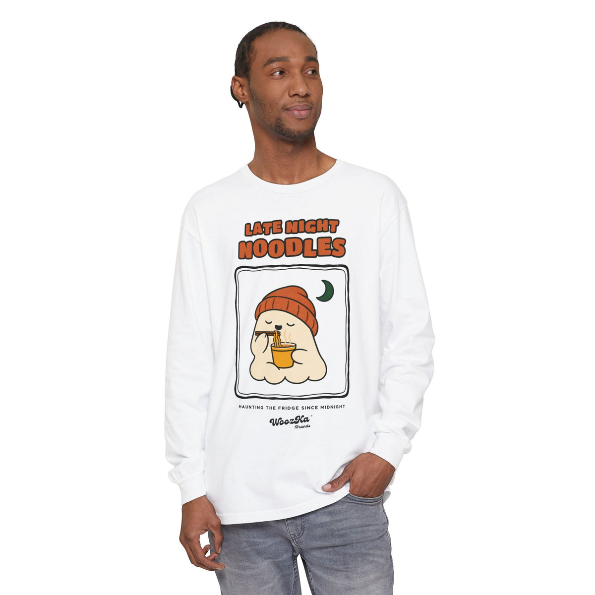 WoozKa Brands Late Night Noodles Ghost Long Sleeve T-Shirt, Front Graphic