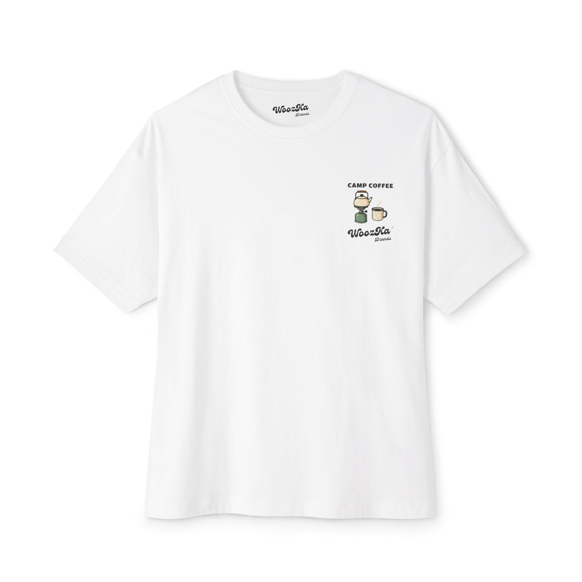 WoozKa Brands Camping Coffee Oversized Tee, Outdoor Tent Kettle Back Print