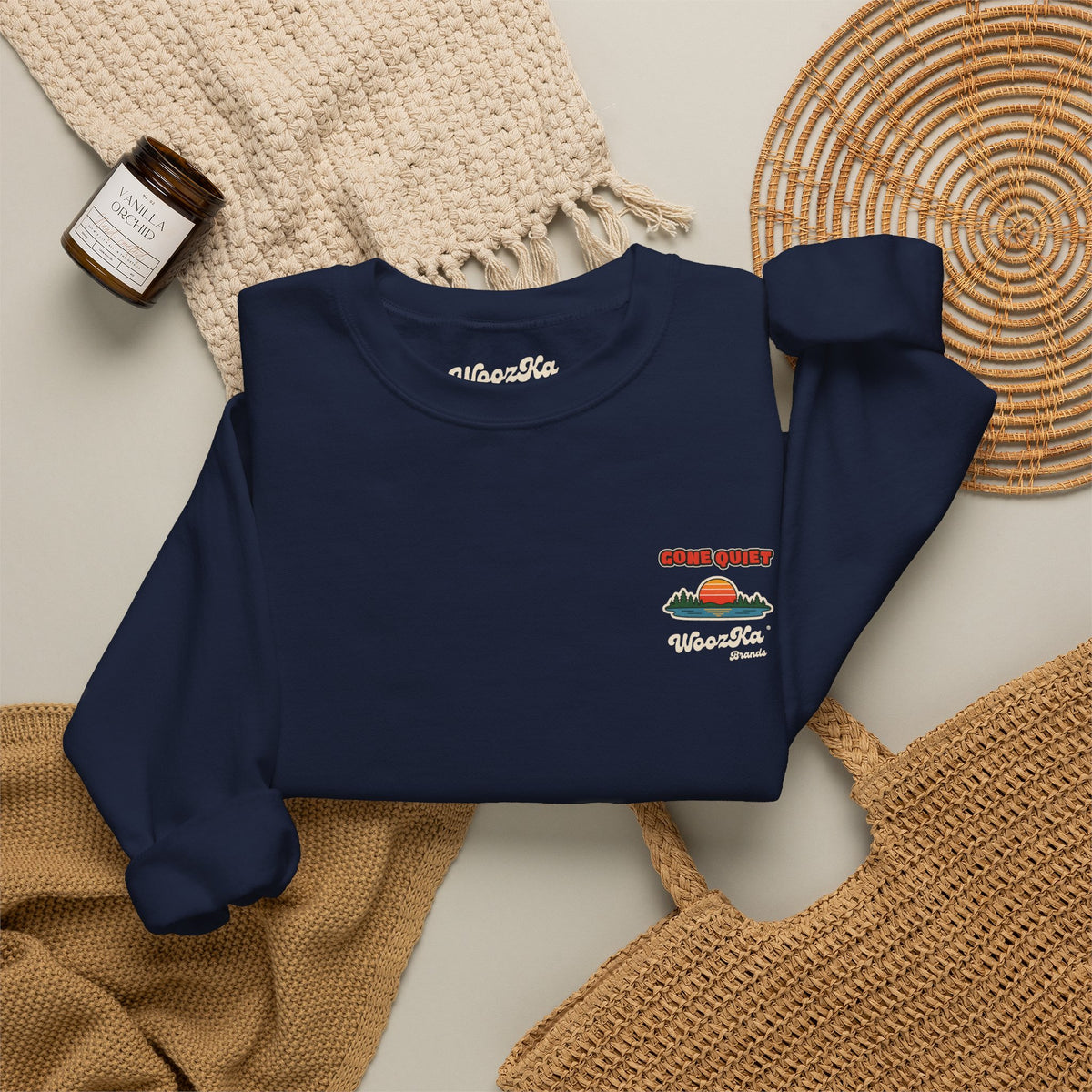 WoozKa Brands Retro Sunset Lake Sweatshirt, Nature Outdoors Pine Back Print