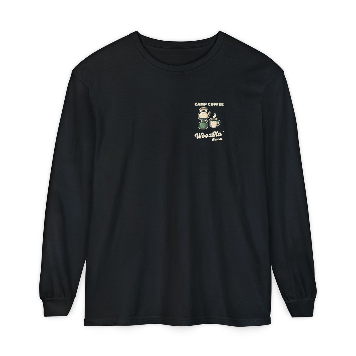WoozKa Brands Camp Coffee Camping Long Sleeve T-Shirt, Two-Sided Graphic