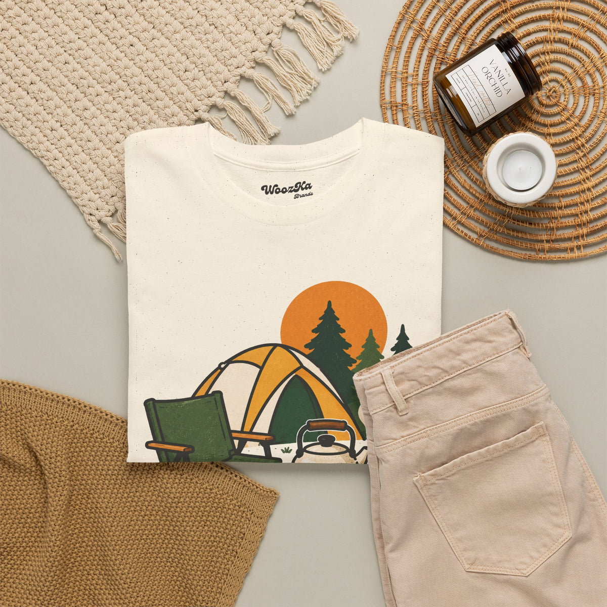 WoozKa Brands Camp Coffee Camping Heavy Cotton T-Shirt, Front Graphic